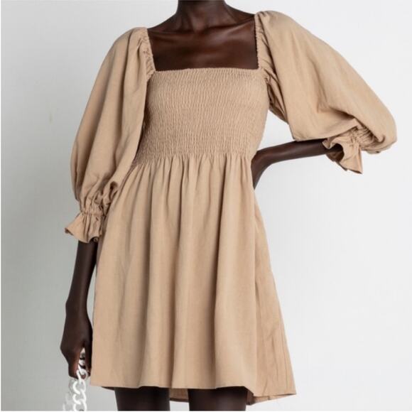 kourt Dresses & Skirts - Kourt Tan Smocked Puff Sleeve Mini Dress Size XS